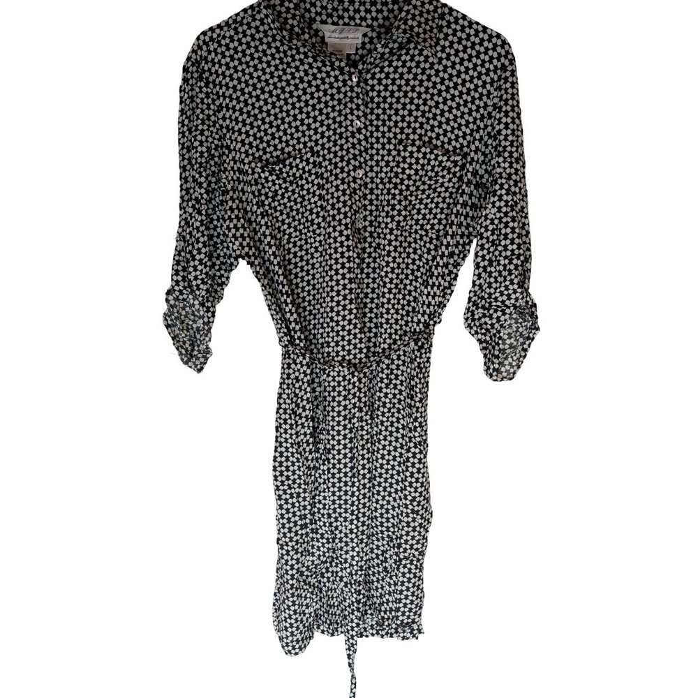 MSSP Max Studio Shirtdress Womens L Black White Geometric Rayon Roll Tab Vintage - Picture 1 of 12